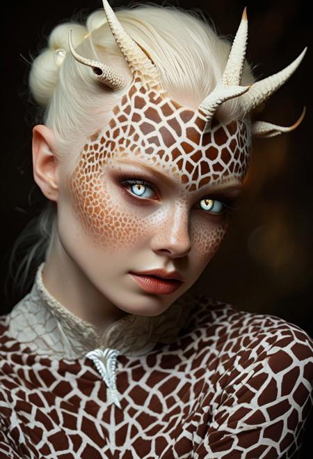 beautiful albino woman with freckles, glowing white eyes and hair ornaments in the style of daz3d, giraffe print body art, guilese mohrbacher, dark brown and beige, soft edges and atmospheric effects, oshare kei, patterned skin