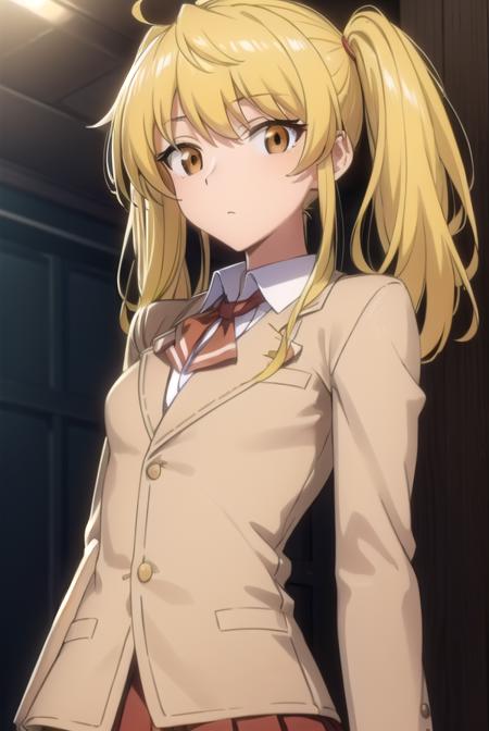 erisawachika, <lora:eri sawachika s2-lora-nochekaiser:1>,
eri sawachika, medium hair, (yellow hair:1.5), twintails, (brown eyes:1.5),
BREAK skirt, long sleeves, school uniform, pleated skirt, red skirt, shirt, collared shirt, white shirt, blazer, (light brown blazer:1.5), neckerchief, red neckerchief,
BREAK indoors, classroom,
BREAK looking at viewer, (cowboy shot:1.5),
BREAK <lyco:GoodHands-beta2:1>, (masterpiece:1.2), best quality, high resolution, unity 8k wallpaper, (illustration:0.8), (beautiful detailed eyes:1.6), extremely detailed face, perfect lighting, extremely detailed CG, (perfect hands, perfect anatomy),