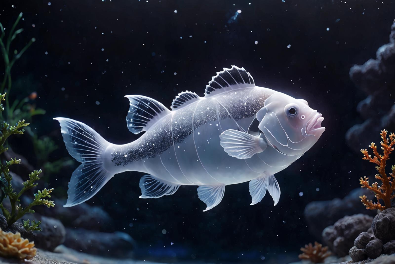 A transparent fish with black fins and a pink mouth swimming in the ocean.