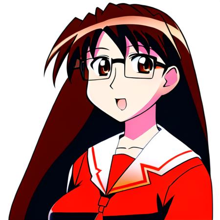 <lora:KoyomiLoRA:1>, 1girl, koyomi mizuhara, black glasses, brown hair, long hair, brown eyes, looking at viewer, open mouth, school uniform, serafuku, red shirt