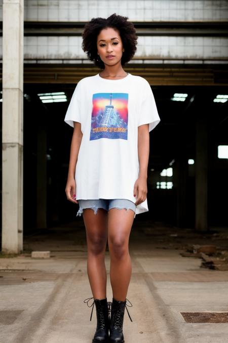 A stunning intricate full color portrait of a black woman,wearing White oversized tee, black suspenders, ripped jeans, and combat boots, Abandoned Factory with Industrial Vibes, happy, epic character composition,by ilya kuvshinov, alessio albi, nina masic,sharp focus, natural lighting, subsurface scattering, f2, 35mm, film grain, full body in the picture, nose ring  <lora:skindia-000004:1>