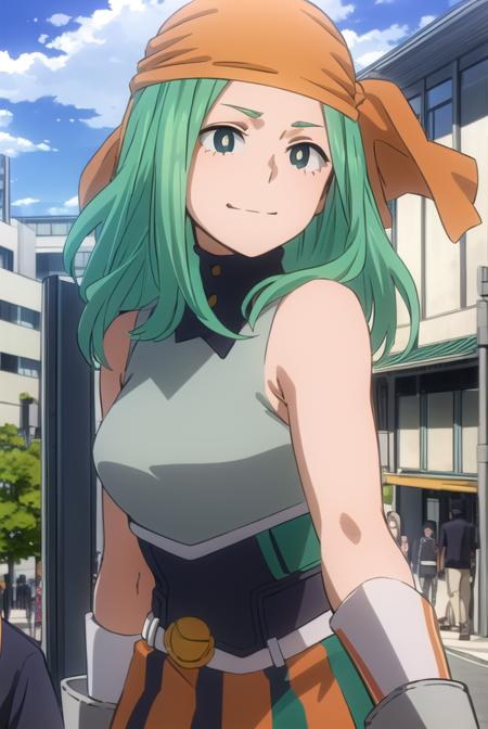 emifukukado, <lora:emi fukukado s3-lora-nochekaiser:1>,
emi fukukado, long hair, (green eyes:1.5), (bright pupils:1.5), green hair, smile,
BREAK skirt, shirt, gloves, bare shoulders, school uniform, white shirt, sleeveless, belt, bandana, orange gloves,
BREAK outdoors, city, sun, clouds, sky,
BREAK looking at viewer,
BREAK <lyco:GoodHands-beta2:1>, (masterpiece:1.2), best quality, high resolution, unity 8k wallpaper, (illustration:0.8), (beautiful detailed eyes:1.6), extremely detailed face, perfect lighting, extremely detailed CG, (perfect hands, perfect anatomy),