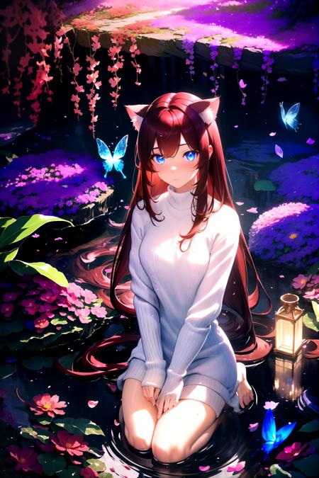 (masterpiece, best quality, highres), 1girl, raifu, solo, abstract, pov, seiza,
BREAK
dark background, depth of field, rim lighting, flowers, petals,
crystals, cave, butterfly, vegetation, aura, magic, water,
BREAK
dark red hair, blue eyes, straight hair, cat ears, blush,
(medium breasts:0.8), mature female, white sweater,