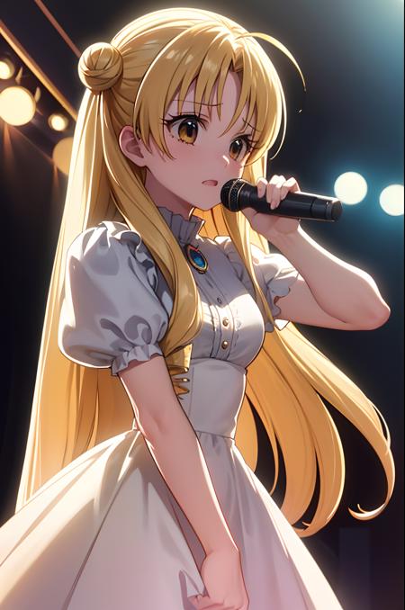 (exceptional, best aesthetic, new, newest, best quality, masterpiece, extremely detailed), 1girl, solo, mitsuki_fullmoon, drill_hair, hair_bun, worried, white_dress, holding_microphone, stage