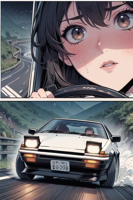 source_anime, score_9, score_8_up, score_7_up, comic, manga, drifting style, solo focus, 1girl in car interior, tank top, big tits, AE 86, Initial D, seatbelt, motion lines, motion blur, driving, sports car, reflection, dust, wind, downhill, slope road, mountain road, wet, fog, tree, cliff, night, starry sky,