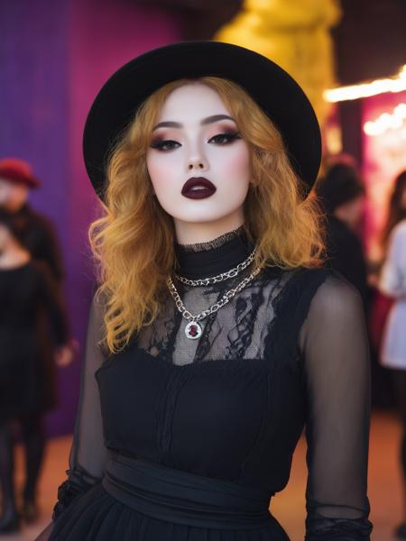 ,xieshi,1girl,solo,red lips,yellow hair,makeup,gothic,hat,jewelry,looking at viewer,necklace,dress,lipstick,black dress,eyeshadow,brown eyes,upper body,long hair,parted lips,purple lips,choker,realistic,breasts,lips,pale skin,mascara,nose,black choker,(magical dream scene:1.2),<lora:xieshicanshu909:0.75>