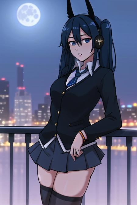 <lora:mrpotatoparty:.65>, mrpotatoparty, masterpiece, best quality, 1girl, long hair, twintails, solo, skirt, necktie, thighhighs, very long hair, shirt, night, blue eyes, black skirt, black thighhighs, pleated skirt, city, headphones, blue hair, white shirt, building, zettai ryouiki, outdoors, moon, standing, skyscraper, miniskirt, cowboy shot, head tilt, cityscape, night sky, layered sleeves, blue necktie, long sleeves, blurry, hair between eyes, bracelet, hair ornament, parted lips, full moon, looking at viewer, collared shirt, breasts, cleavage,