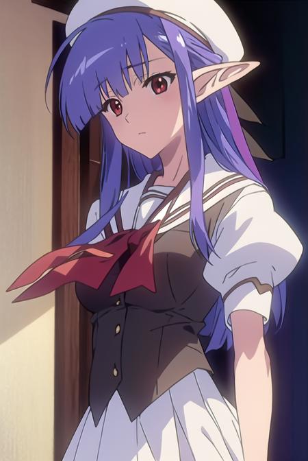 shufflenerine, <lora:nerinetest:1>,
nerine, long hair, blue hair, pointy ears, (red eyes:1.5),
BREAK skirt, hat, school uniform, short sleeves, socks, puffy sleeves, puffy short sleeves, beret,
BREAK looking at viewer,
BREAK indoors, classroom, 
BREAK <lora:GoodHands-vanilla:1>, (masterpiece:1.2), best quality, high resolution, unity 8k wallpaper, (illustration:0.8), (beautiful detailed eyes:1.6), extremely detailed face, perfect lighting, extremely detailed CG, (perfect hands, perfect anatomy),