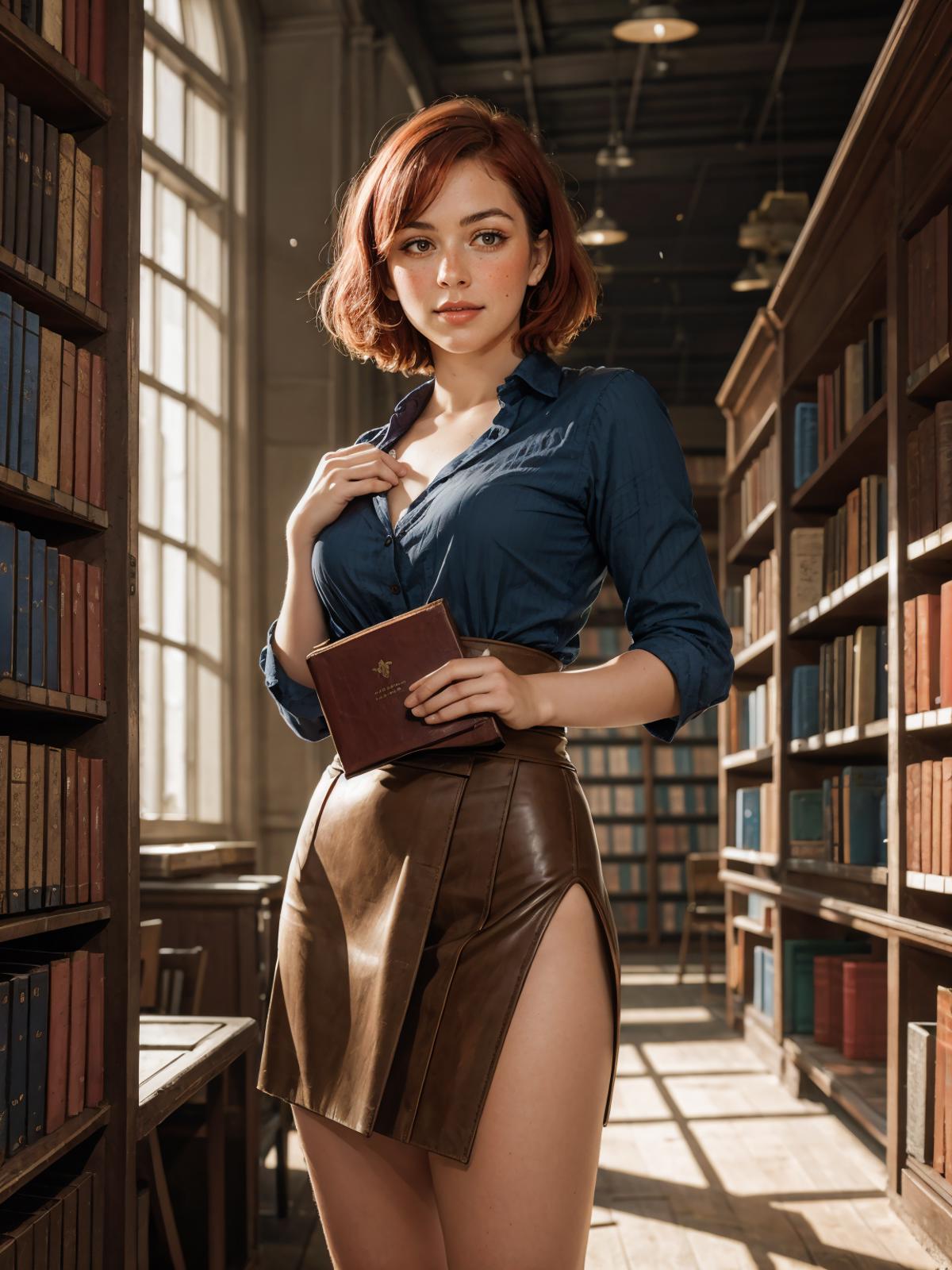 A woman in a library wearing a blue shirt and holding a book.