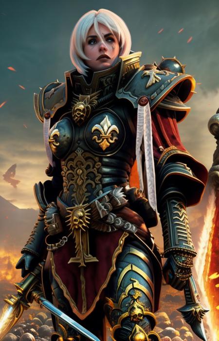 high quality photo of standing whsororitas with sword in hands <lora:whsororitas3:0.9>,   sculls on ground, sceletons on ground, bones on ground, atmospheric lighting, saturated colors,   Charlise Terion face, star trek cinematic,warhammer 40k