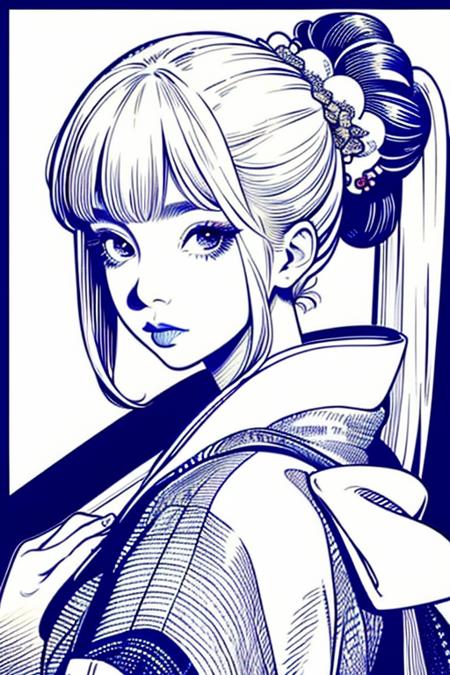 masterpiece, ballpoint pen drawing, a drawing 1girl, ((upper body)), pale skin, pure white background,  long eyelashes, yokozuwari, (kimono:1.3),  look at viewer, face front, (hair scrunchie:1.2) <lora:ballpointpen:0.9>