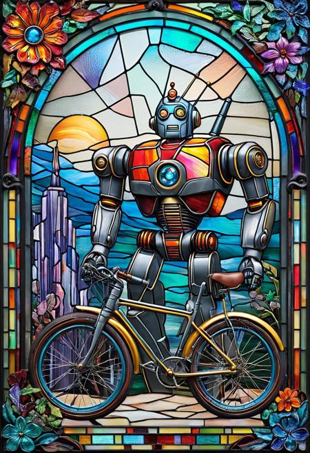 Stained glass illustration, ((novuschroma54 style)), A giant robot riding a tiny bicycle in a technicolor world.