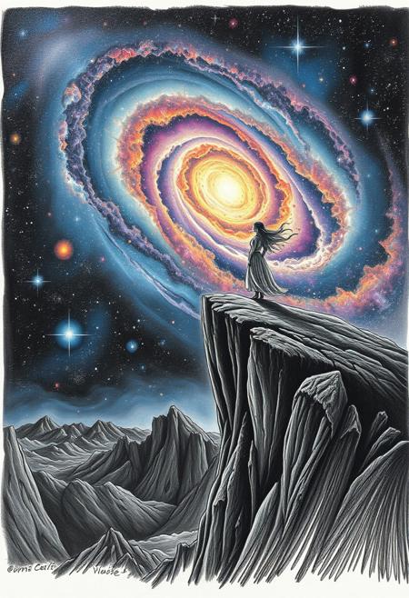 woman on cliff, galaxy sky, spiral galaxy, colorful nebula, cosmic wonder, surreal landscape, fantasy night sky, glowing stars, ethereal atmosphere, stargazing, otherworldly rocks, luminous space, introspective moment, dreamlike scenery, vast universe, pencil shading,charcoal drawing,tinted paper,pencil drawing,brutal dark b/w color scheme,A striking ultra HD charcoal drawing,overall composition is a perfect balance of intricate and insanely detailed elements
