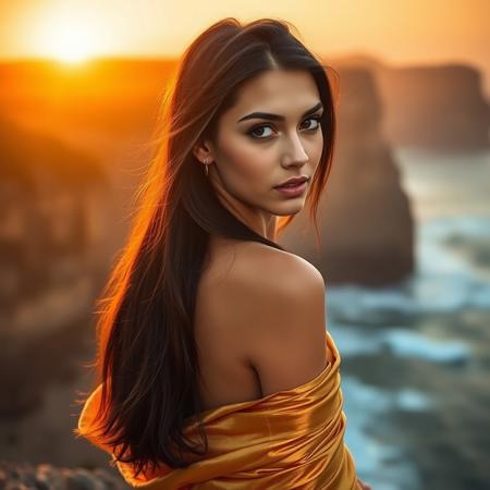 stunning young woman with long, flowing black hair stands near the edge of a cliff at sunset. The golden light from the setting sun casts a warm glow over her skin and hair, creating a radiant and ethereal effect. Her gaze is soft yet captivating, as she looks over her shoulder towards the viewer. The backdrop features dramatic cliffs and a rugged coastline, with waves crashing below. She is wrapped in a golden, shimmering fabric that drapes elegantly over her shoulder, enhancing her natural beauty and blending harmoniously with the sunset hues. --style raw --stylize 999 --v 6.0 --ar 3:4