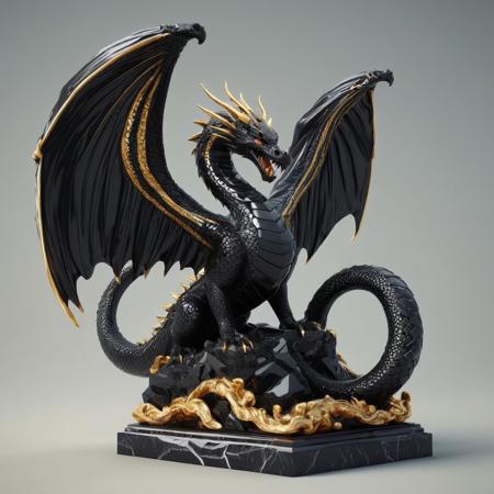 3d object, a statue, made of black obsidian and ObsidianGold.
The representation of a giant winged serpent, a "dragon" of the old world, hyper realistic and ultra detailed