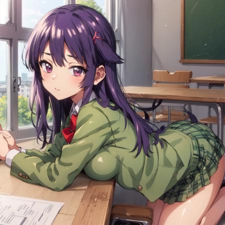 ((masterpiece)), (((best quality))), extremely delicate and beautiful girl,illustration, beautiful detailed eyes,highres, HDR, <lora:chizuru:0.8>,full body, GREEN school uniform, purple hair, SEXY,classroom,