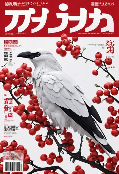 magazine cover, japanese text, white crow, ashberry, clos-up, 3D animation style,