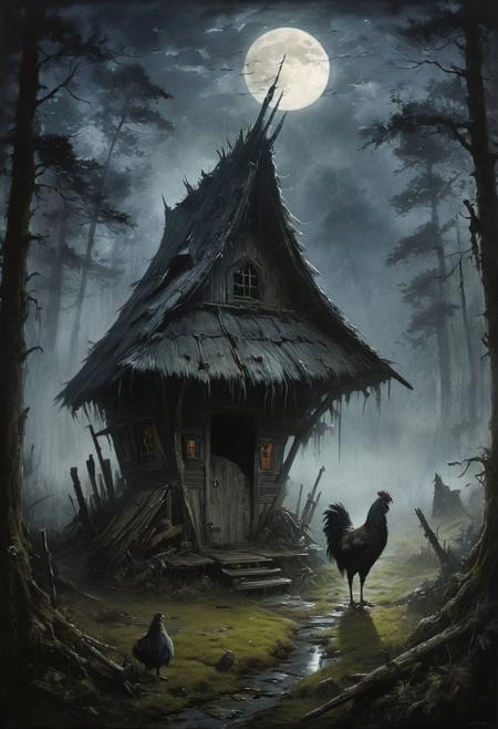 hero with a sword in his hand in front of baba yaga's hut, creepy hut standing on ((chicken legs:1.7)), hut with hen's feet, swamp with dense fog, dense forest, full moon, moonlight, low key, dark, chiaroscuro, mystic, oil and watercolor painting, mystical dense fog, epic scene, haunting mist, dark fantasy art by Kerem Beyit