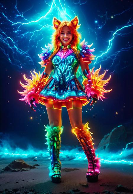 The RGB Kingdom, Masterpiece, best quality, amazing quality, absurd, latest, volumetric lighting, UHD, SFW, vibrant colors, neon, vivid colors, magical fantasy of Jinko, animal arms, animal legs, thighhigh fur, animal ears, mane, adorned with swirling colors, sharp_teeth,, exquisite detail, digital art, humorous, realistic, highly detail, beautiful, surreal, dramatic, galaxy fantasy colors, glowneon, glowing, sparks, lightning