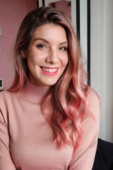 Portrait of beautiful m4r1m00n, detailed face smiling, real skin, in a pink bedroom, (blurred background)+, red turtleneck blouse