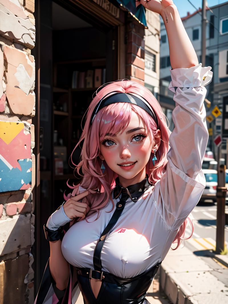 A cartoon woman with pink hair, wearing a white shirt and black tie, poses on a street with cars in the background.