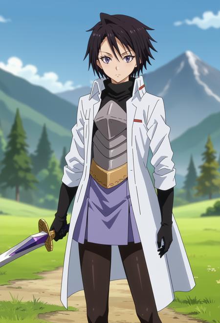 SakaguchiHinata short hair, black hair, purple eyes white coat, turtleneck shirt, black shirt, breastplate, black gloves, belt, purple skirt, black pantyhose