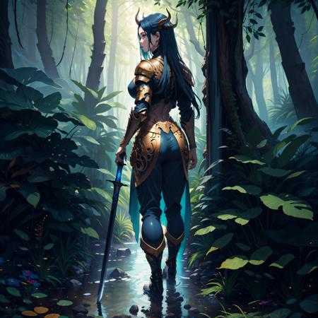 photorealistic, (hyperrealistic:1.2), beautiful, masterpiece, best quality, extremely detailed face, perfect lighting, WarriorStyle, full body,   long hair, (holding weapon:1.4), tree, 1girl, forest, nature, outdoors, from behind, standing, holding weapon, blue hair, boots, solo, pants, water, horns, armor, sword, scenery, facing away, wide hips,detailed hands and fingers,  <lora:beautifulDetailedEyes_v10:0.4>