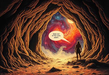 psychedelic vortex ,in soace , at the mouth of a cave looking out, a cave man, theres a wispy speech bubble from the void that says "step out of the cave adam"