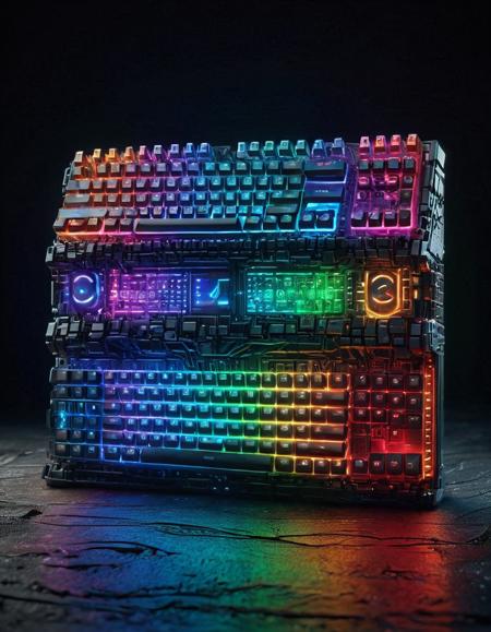 rgb keyboard, futuristic design, translucent materials, glowing circuitry, abstract background, energy particles, sci-fi aesthetic, volumetric lighting, detailed surface, smooth gradients <lora:RGB_Keyboard_themed:1>