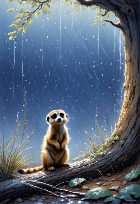 A delightful watercolor illustration in the style of Jean-Baptiste Monge, 
capture a loner, 
adorable meerkat seeking shelter under a tree trunk on a rainy day, 
dominating the unique spectacle of the downpour, 
presents a close-up of the meerkat's brilliance, 
reflective eyes, 
intricate floral backdrop, 
and the texture of his tail too fluffy, 
enhanced by ultra HD clarity and vivid colors, 
similar