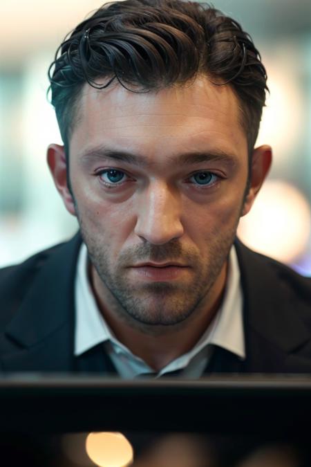 man working at a desk <lora:v1nc3c4ss3l:1>, computer in front of him, 8K, UHD, (highly detailed face), bokeh, (candid, amateur), close up, cinematic lighting