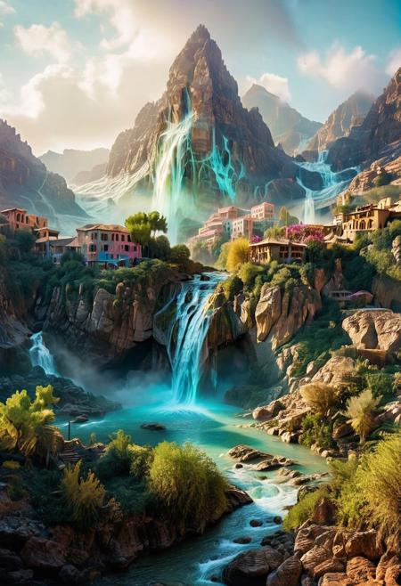 (by Ellen Jewett:1.5), (Bioluminescent Impressionism, Egyptian landscape, The Dreamland,, their peaks veiled in mist. mixed media, surrealism, great lighting, A surreal landscape highly detailed . extremely high-resolution details,  appears trapped in an optical illusion of reflections and refractions colorful , mountains and village in Turkey, professional photography, natural lighting, volumetric lighting maximalist. intricately detailed, complex, elegant, expansive, fantastical, waterfall, ethereal landscapes, depth of field, biotech emotion:1.3) <lora:xl_more_art-full_v1:0.5> <lora:add-detail-xl:1> <lora:RMSDXL_Creative:2>