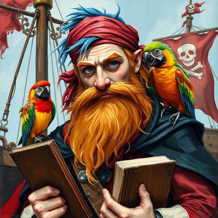 Oil painting rendered in a loose, impressionistic style with thick, expressive brush strokes. Full body portrait of a young jolly handsome pirate wizard. His outfit is a mish mash of wizard-like and pirate clothes. He wears a red bandana a black cape and he has a long ginger beard. He has big white eyebrows. His hair is a mixture of colors: blue, red, yellow, green. He holds a book and a wizard's staff. On his shoulder sits a colorful parrot.  The background shows a pirate ship with a pirate flag.