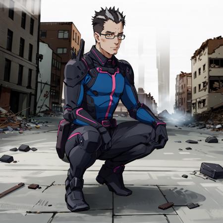 masterpiece,high quality,solo,outdoors,a devastated town,collapsed buildings,rubble,
<lora:Ojisan001:0.7>,looking at viewer,
Ojisan,1oldman,
streaked hair,hair slicked back,short hair,spiked hair,two-tone hair,multicolored hair,black hair,white hair,brown eyes,
glasses,
black bodysuit,shoulder armor,
belt,
pants,
boots,
full body,squatting,