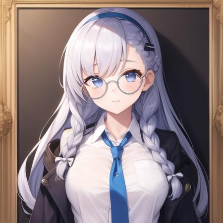 (masterpiece, best quality:1.2),illustration,8k,hd,1girl,solo,upper body,(portrait:1.2),edinburgh (azur lane),argyle,argyle legwear,bangs,blue footwear,blue hairband,blue jacket,blue neckwear,bow,braid,collared shirt,eyebrows,eyebrows visible through hair,glasses,grey eyes,grey skirt,hair bow,hairband,jacket,kneehighs,long hair,mary janes,necktie,open clothes,open jacket,plaid,plaid skirt,round eyewear,school uniform,shirt,shoes,silver-framed eyewear,silver hair,skirt,twin braids,white bow,white legwear,white shirt,<lora:Edinburgh(azur)>,