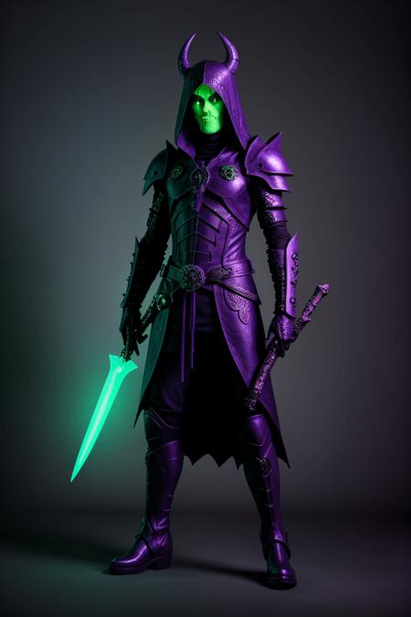 <lora:LCM_LoRA_Weights_SD15:1>,<lora:detail_slider_v4:1.2>,lich with glowing green eyes, wearing a dark purple ancient armor, shadowy boots, holding a ancient staff with skull topper, surrounded by surrounded by a eerie aura,
