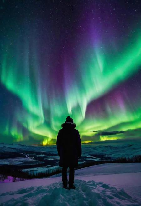 A silhouette of a man in a winter coat, standing on a snow-covered hill, gazing at the mesmerizing display of vibrant green and purple lights of the aurora borealis dancing across the starry night sky. The ethereal glow of the aurora reflects off the pristine white snow, creating a breathtaking scene of natural beauty and tranquility. cinematic, epic realism,8K, highly detailed