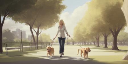 <lora:concept art-v1.0:1> concept art, woman walking her dog, Middle-aged, Leisurely Stroll, Golden Retriever, Casual Chic, Park Setting, Serene Atmosphere, Late Afternoon, Sunny with Scattered Clouds, Balanced Composition