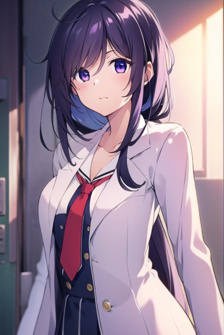 miokunosato, <lyco:miokunosato-LYCORIStest:1>,
mio kunosato, long hair, black hair, very long hair, (purple eyes:1.1), ponytail,
BREAK school uniform, necktie, labcoat,
BREAK looking at viewer, hands behind head,
BREAK indoors, classroom,
BREAK <lora:GoodHands-vanilla:1>, (masterpiece:1.2), best quality, high resolution, unity 8k wallpaper, (illustration:0.8), (beautiful detailed eyes:1.6), extremely detailed face, perfect lighting, extremely detailed CG, (perfect hands, perfect anatomy),