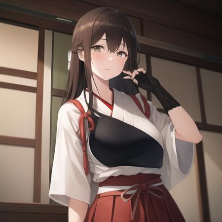 (masterpiece, best quality:1.2),illustration,8k,hd,1girl,solo,upper body,(portrait:1.2),long_hair,brown_hair,brown_eyes,muneate,tasuki,hakama,straight_hair,gloves,japanese_clothes,partially_fingerless_gloves,single_glove,hakama_skirt,skirt,hakama_short_skirt,<lora:Akagi(kan)>,