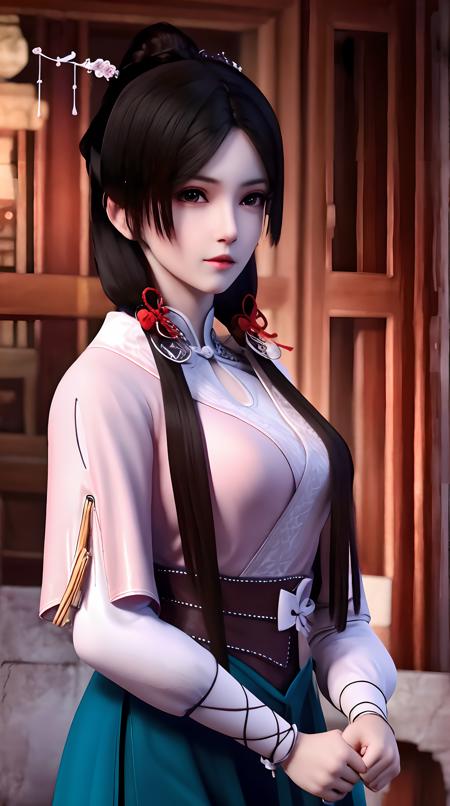 masterpiece,best quality,1girl, black_hair, breasts, china_dress, chinese_clothes, dress, hair_ornament, <lora:songyan:0.8> ,dynamic pose,cowboy shot,