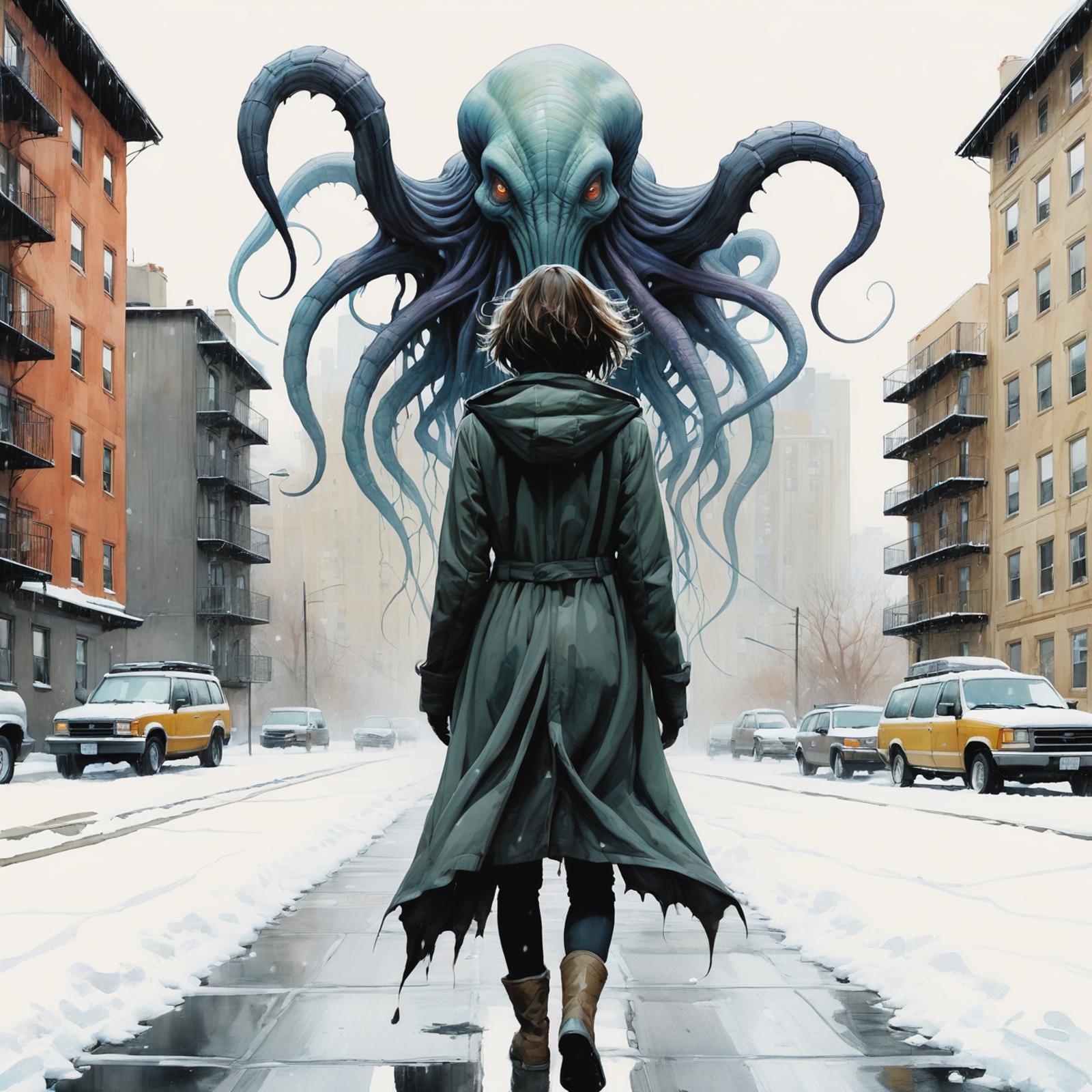 Woman walking down a city street with a giant squid in the background.