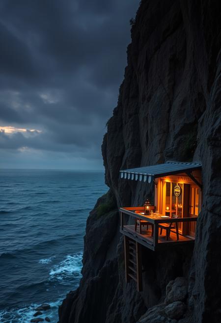 A beautifully lit and composed professional photograph of a small cozy gas lit cafe on the face of a massive cliff face overlooking the a dark stormy ocean at dusk