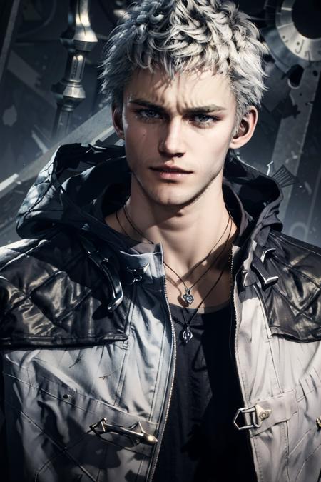 (masterpiece, best quality)
NeroDMC, solo, looking at viewer, short hair, blue eyes, simple background, shirt, jewelry, jacket, upper body, 1boy, white hair, grey hair, male focus, parted lips, open clothes, necklace, open jacket, lips, black jacket, black shirt, realistic, leather, leather jacket
<lora:epi_noiseoffset2:1>  <lora:add_detail:0.7>  <lora:NeroDMC:0.9>