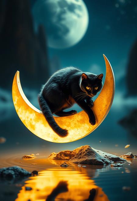 An extreme macro close-up in a futuristic sci-fi style, using natural earth tones. The image shows a black cat perched on a crescent moon, dangling its tail into a glowing lake, featuring small subject details, browns, and beiges, with advanced technology and space elements.
