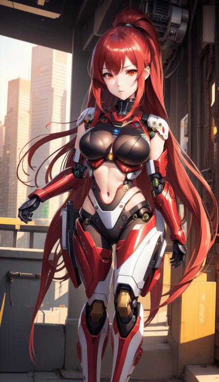 ((master piece)),best quality, (8k, best quality, masterpiece:1.2), ultra-detailed, illustration, beautiful detailed eyes, beautiful detailed hair, ((fullbody)), 1girl, solo, bikini, mecha, mecha_musume, cyborg, cool_movement, red hair, city, cyberpunk,  <lora:mecha_2_V2:0.3>