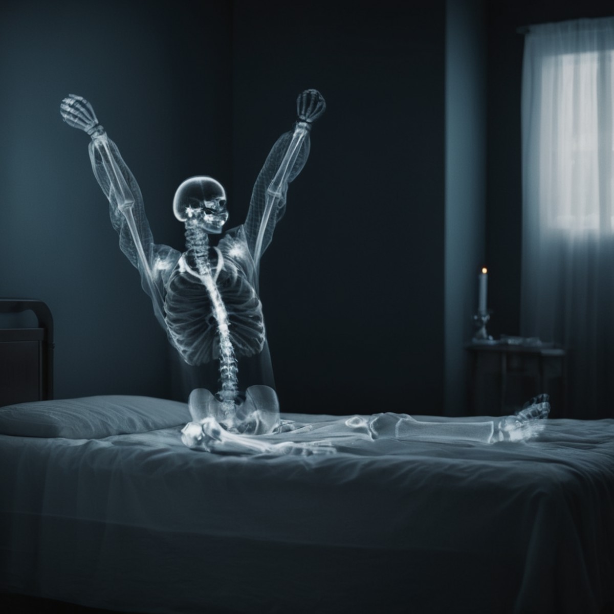 cinematic film still of  <lora:x-ray style:1>
an x ray skeleton sitting on a bed waking up stretching out their hands with...