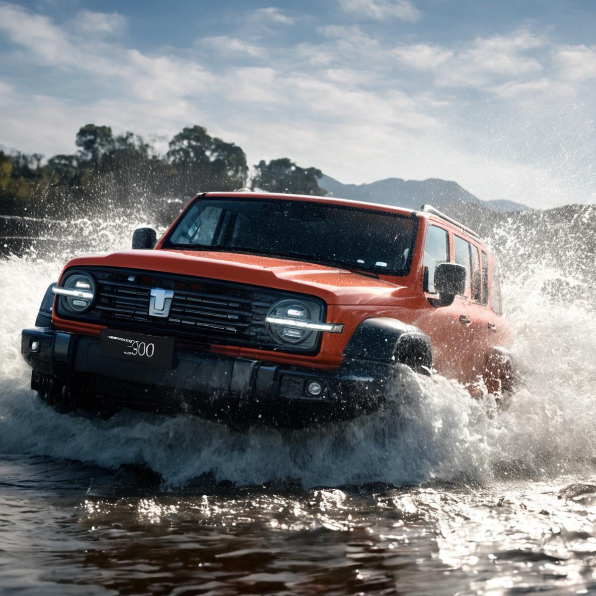 A red Jeep driving through a river, surrounded by splashing water.