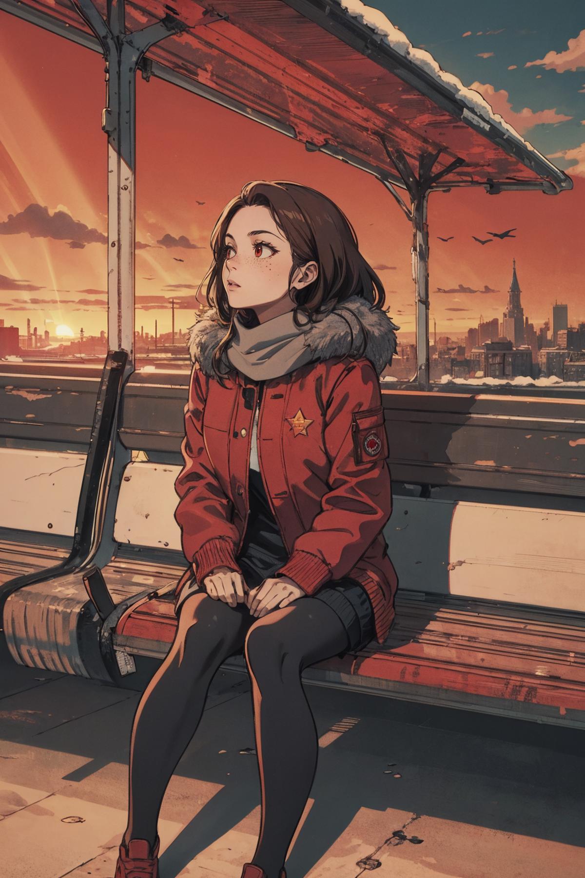 A woman in a red jacket sitting on a bench overlooking a city.