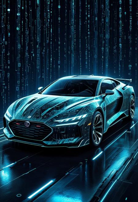 codeandigital, c0dean0igital, cyberw0rlds, a cyber car in a digital world made of code, masterpiece, best quality, very aesthetic,